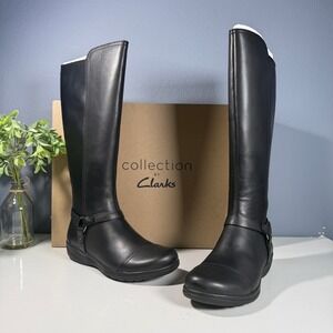 Clarks CHEYN LINDIE Black Leather Knee High Boots Women US 6 Medium‎
